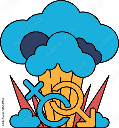 A black and white drawing of a cloud with two men's symbols on it