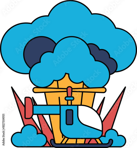 A helicopter is flying through a stormy sky