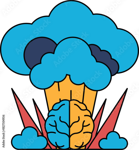 A brain is surrounded by clouds and a mushroom