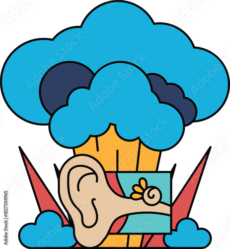 A cartoon of a cloud with a bomb in the middle and an ear on the right
