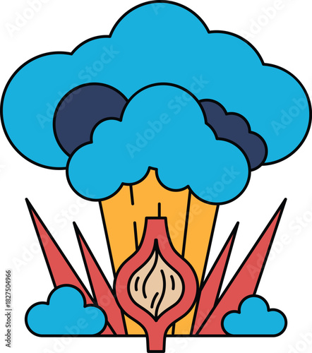 A white and black drawing of a cloud with a large onion in the middle