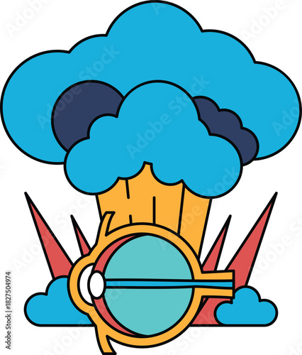 A black and white drawing of a cloud with a bomb in the middle