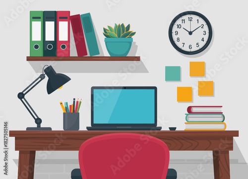 An organized modern workspace featuring a clock, bookshelves, and office supplies that demonstrate efficiency and style, promoting a productive work atmosphere.