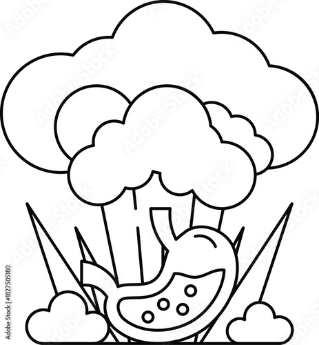 A cartoon drawing of a heart with a stomach and a cloud in the background