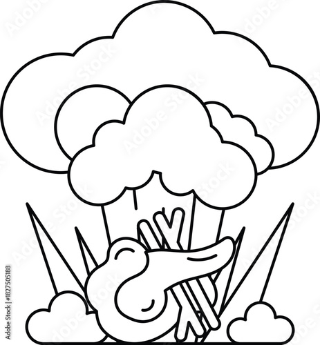 A cartoon of a mushroom cloud with a bird in the middle of it