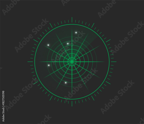 Classic green military radar screen displaying four bright contacts on a dark grid. It shows range rings and azimuth markers for target tracking.