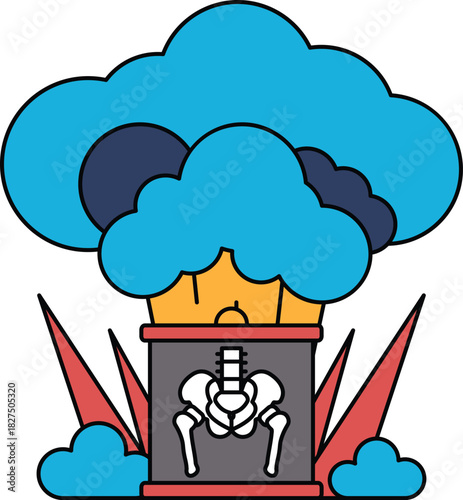 A black and white drawing of a cloud with a skeleton inside of it