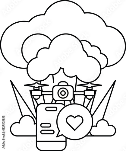 A drawing of a cloud with a camera and a heart