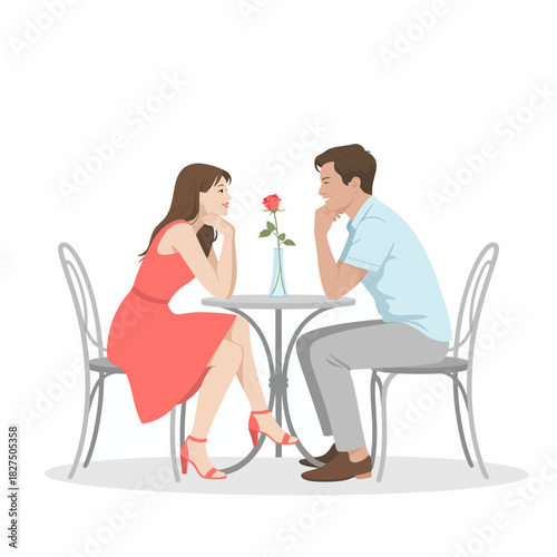 A couple is seated at a table with a rose between them, capturing an intimate moment of romance and connection, showcasing love and companionship during dinner.