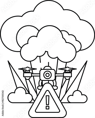 A black and white drawing of a bomb with a drone flying over it