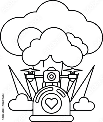 A cartoon drawing of a rocket with a camera on it