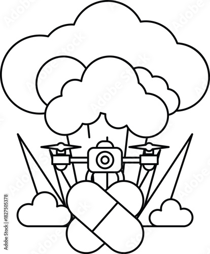A cartoon of a camera and a pill bottle with a cloud in the background