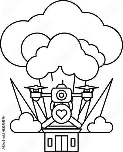 A house with a heart on it is surrounded by clouds