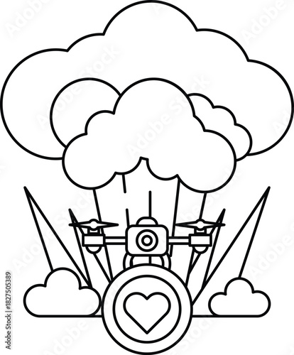 A cartoon of a drone with a camera on it flying through a cloud of smoke