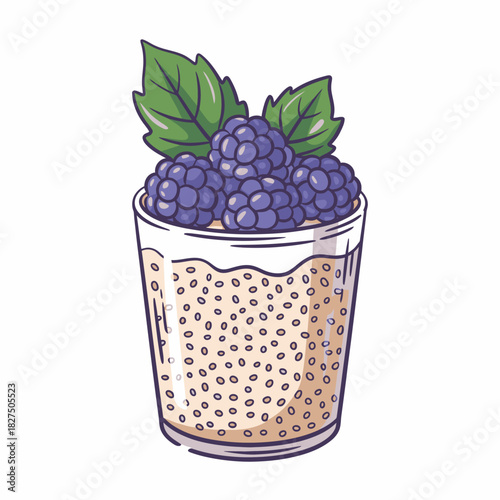 A refreshing and healthy chia pudding served in a transparent glass, topped with luscious berries and mint leaves, offering a delightful visual and nutritious choice for dessert lovers.
