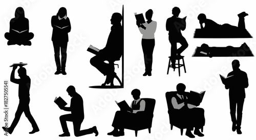 Collection of Silhouettes Depicting People Engaged in Reading Activities.