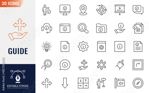 Guide icon set. Info, guide, information, instructions, and more. Outline Icon Collection. Vector illustration. Editable stroke