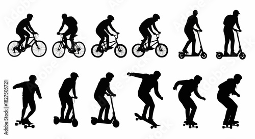 Collection of black silhouettes of people riding various personal vehicles.