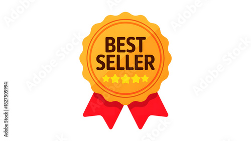 A best seller badge with stars and red ribbons isolated on a black plain background illustration
