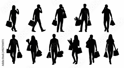Silhouettes of people shopping with bags and groceries.