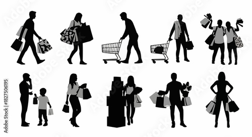 Shoppers carrying bags and pushing carts in a shopping mall.