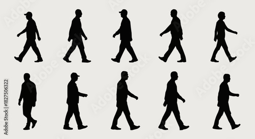 Silhouettes of people walking in various poses against a neutral background.