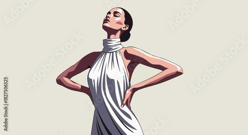 Elegant Woman in White Dress Posing Confidently with Hands on Hips.