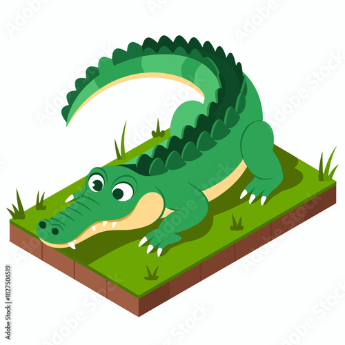 This playful crocodile illustration features a vibrant green color, showcasing a friendly expression and cartoonish design set on a grassy patch, perfect for children's visuals.