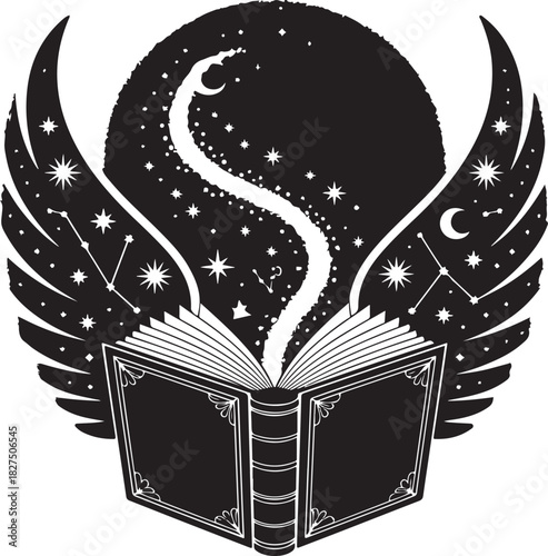 A crisp black silhouette of an enchanted spellbook with luminous stars rising from its open pages in a clean SVG-friendly style.