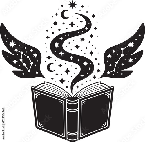 A crisp black silhouette of an enchanted spellbook with luminous stars rising from its open pages in a clean SVG-friendly style.