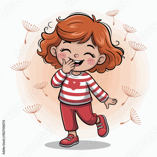 A cheerful young girl in a playful outfit enjoys a moment of joy, capturing the essence of childhood and carefree laughter in a bright, colorful illustration.