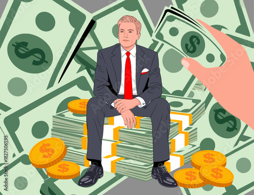 A confident businessman sits on a mountain of cash, symbolizing wealth and success, while a hand extends cash towards him, emphasizing financial abundance and ambition.