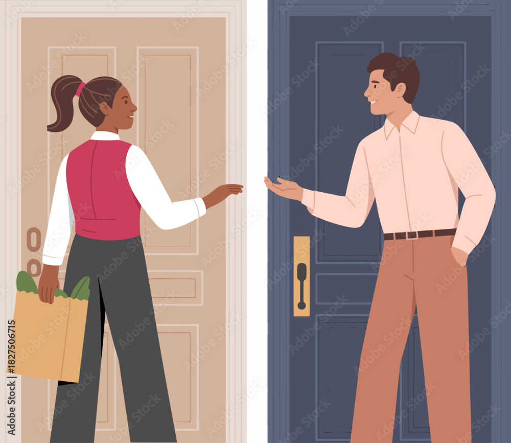 Fototapeta premium This charming illustration depicts a warm interaction at a doorway, showcasing a friendly exchange and connection between two individuals, emphasizing community and togetherness.