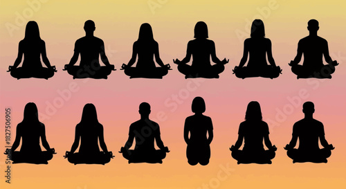 Silhouettes of people meditating in lotus position, promoting mindfulness and inner peace.