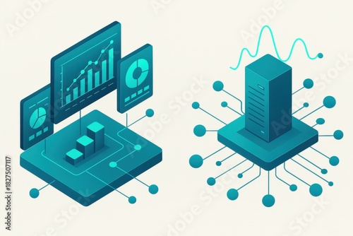 Wallpaper Mural Futuristic data visualization with graphs and charts depicting analytics and performance metrics alongside a central data server connected through networked nodes expressing digital innovation Torontodigital.ca