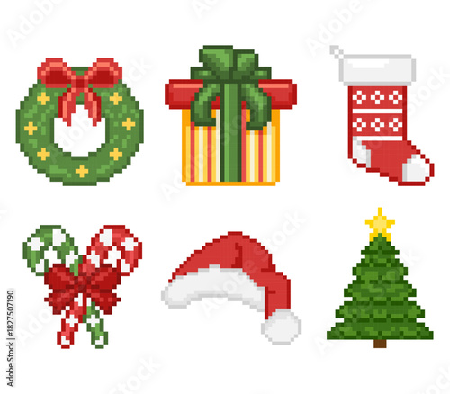 Christmas decoration pixel art game icon vector set. Retro 8 bit wreath, gift, stocking, candy cane, Santa hat, Tree pixelated style