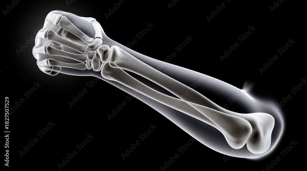 Naklejka premium Side view of black and white x ray style human forearm showing bones and fist, medical and anatomical concept