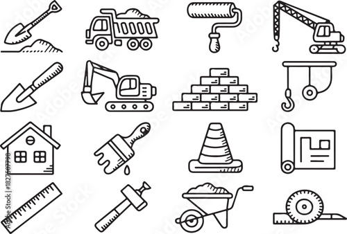 Black outlined icons representing building and construction equipments are visible against a transparent backdrop