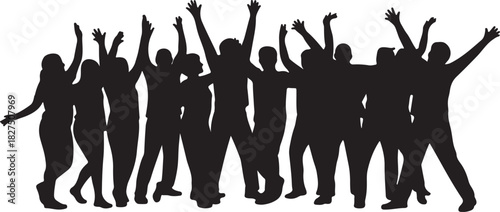 Crowd silhouette showing people cheering with their hands raised in the air with transparent background