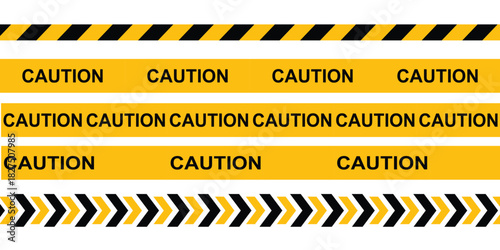 Multiple caution tape strips with repeated warning text and hazard stripes
