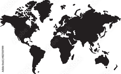 Detailed world map displays the continents with a stark black silhouette against white