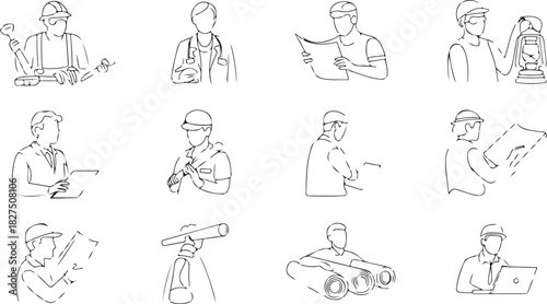 Diverse professionals showcase various tasks through linear, outline representations, highlighting essential labor activities