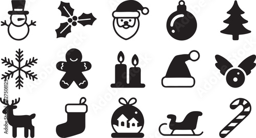 Fifteen black silhouette icons celebrate joyful Christmas traditions and winter holidays, displayed on a transparent background