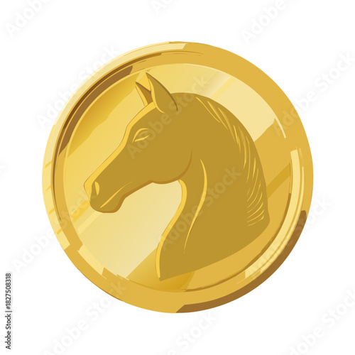 Golden horse head embossed on shiny round coin