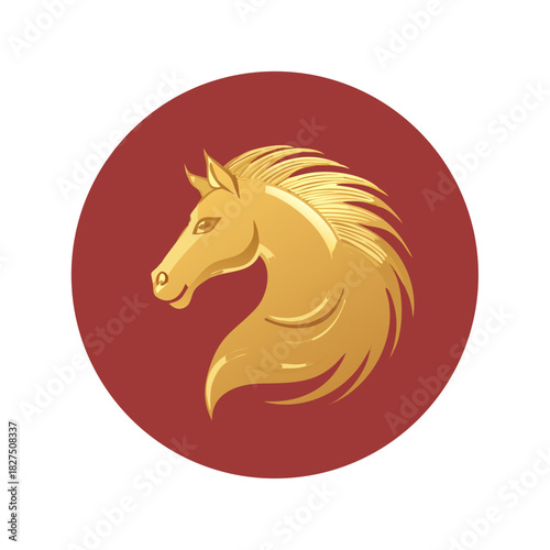 Golden horse head on red circular background