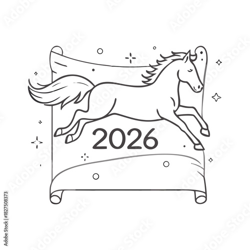Outlined horse jumping over 2026 banner with stars