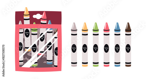 Wax Crayons Set in Flat Design on White Background. Colorful Kids Art Supplies for School, Drawing, and Creative Projects. Perfect for Children's Products, Educational Materials, and Packaging Design