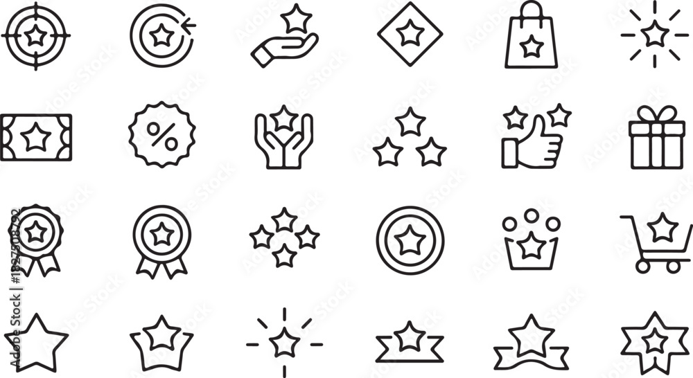 Fototapeta premium Several black outline star icons show reward, rating, favorites, and customer feedback