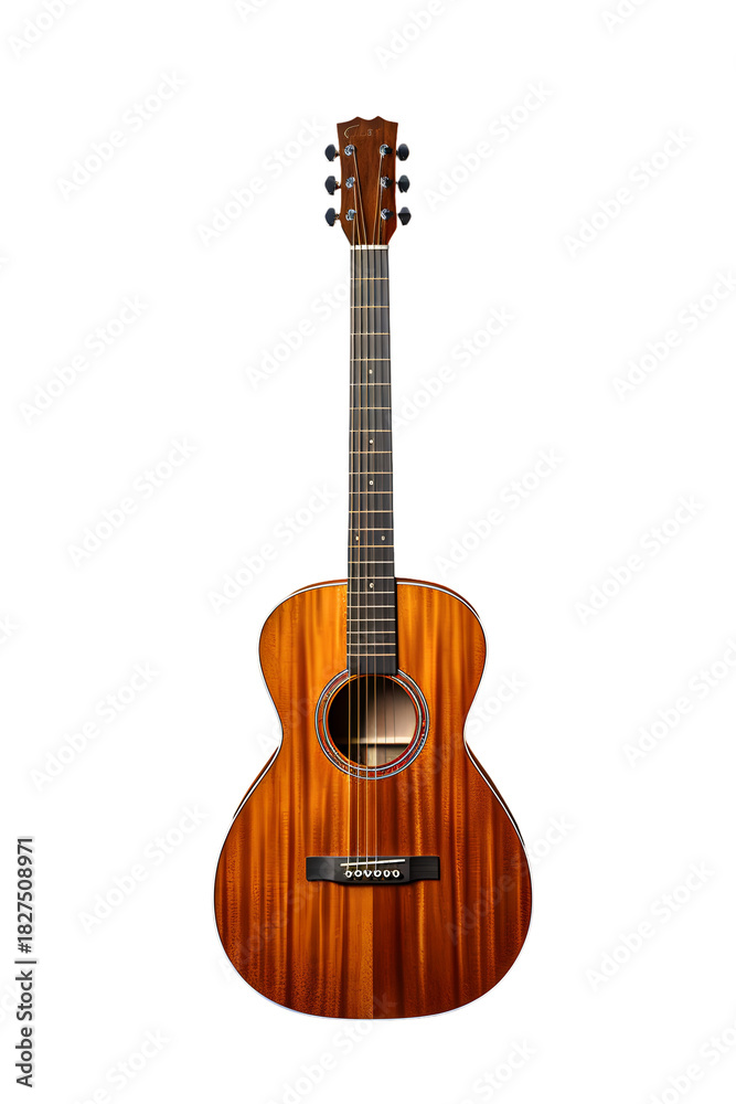 Fototapeta premium Classic Wooden Acoustic Guitar Instrument Standing Upright Isolated on White for Music School Concert and Entertainment Design
