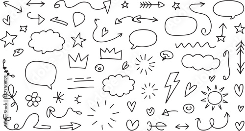 Various hand drawn doodle elements, including arrows, stars, hearts and more create a unique set
